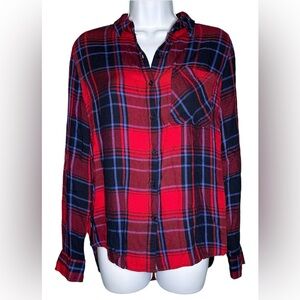 COMO Vintage Red Blue Plaid Long Sleeve Button Up Flannel Shirt Curve Hem Size M